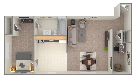 Floor plan for 1 bed, 1 bath, 725 sqft